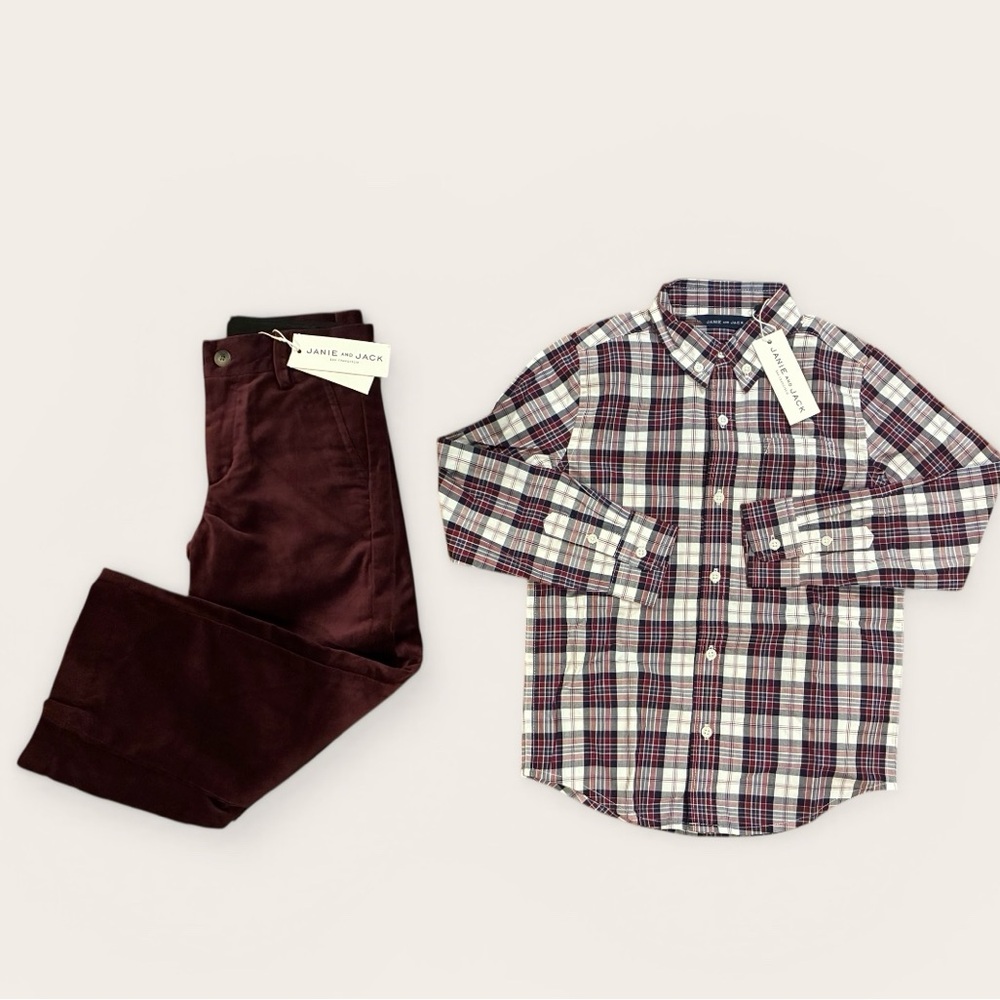 NWT- Janie and Jack Plaid Shirt & Velvet (Maroon) Pants